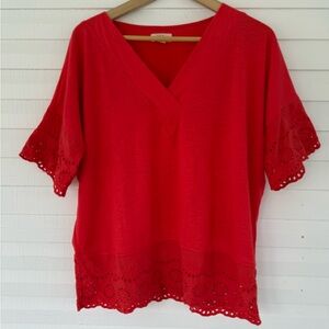 Style & Co. Red Eyelet Sleeve V-Neck Blouse